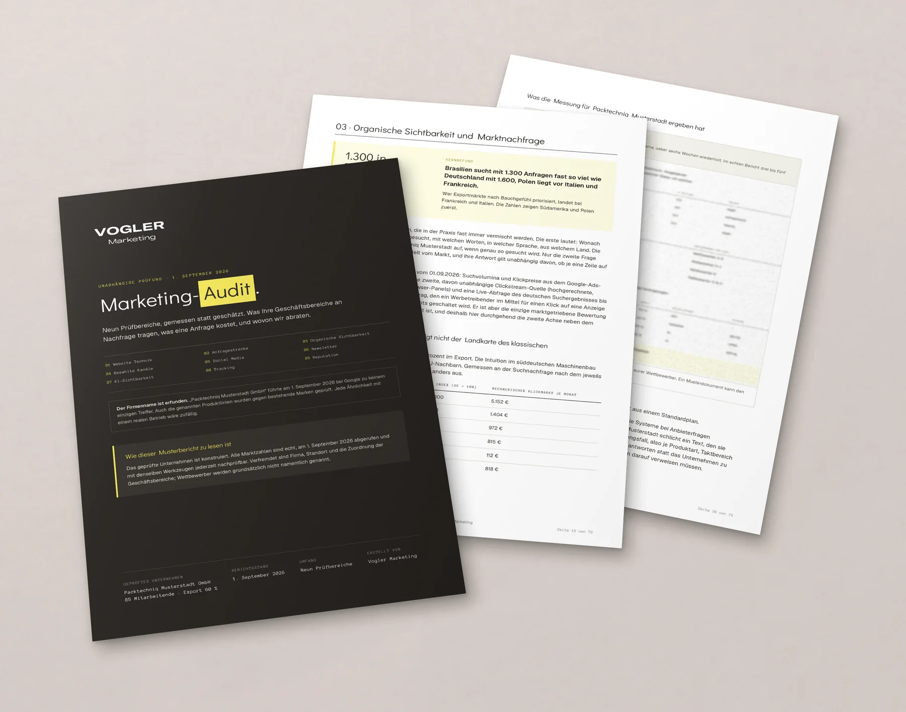 Drei Seiten aus dem Beispielbericht des Marketing-Audits: Titelseite, Exportmarkt-Auswertung und ein im Muster verdeckter Messteil