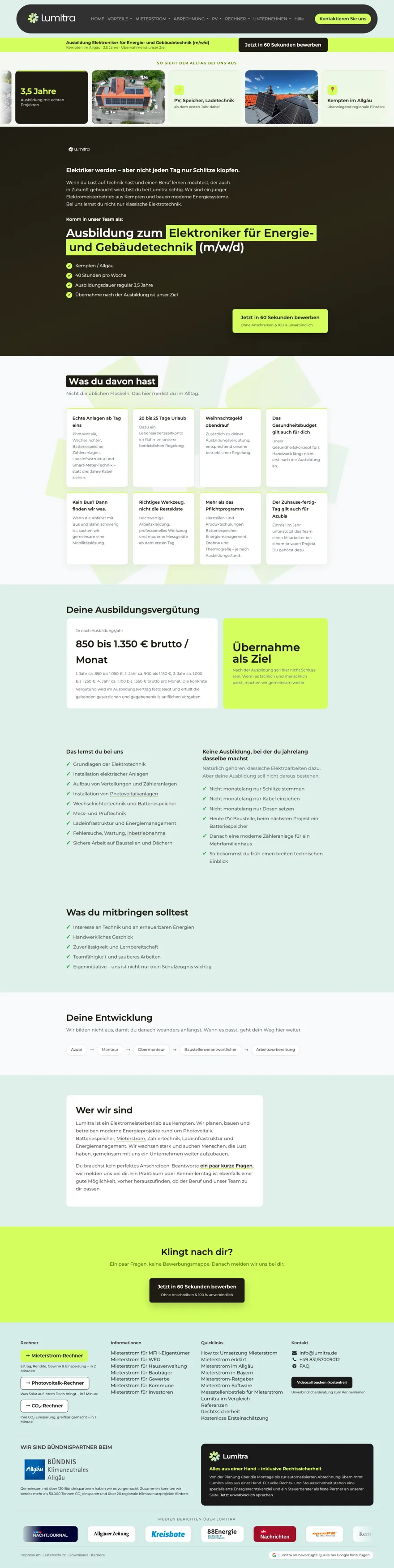 Komplette Stellenseite lumitra.de/jobs-ausbildung-elektroniker von oben nach unten