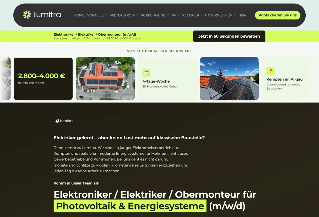 Stellenseite der Lumitra GmbH: Jetzt in 60 Sekunden bewerben, Foto-Karussell aus dem Arbeitsalltag, Gehalt sichtbar