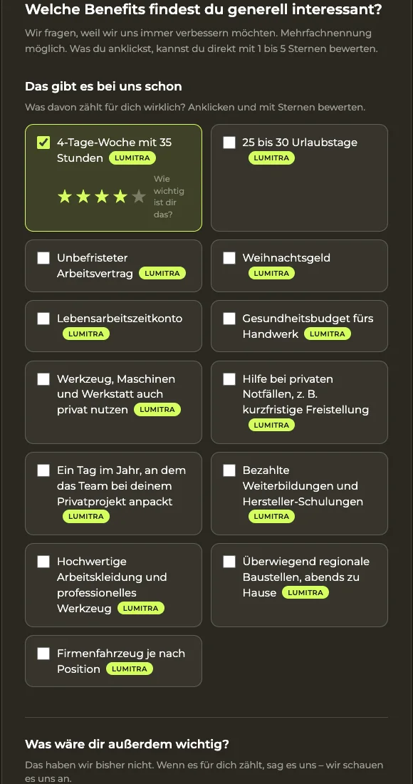 Quiz-Schritt Benefits: 4-Tage-Woche angehakt und mit vier von fünf Sternen bewertet