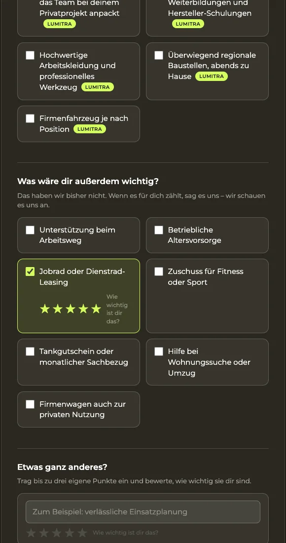 Quiz-Schritt Wünsche: Jobrad angehakt mit fünf Sternen, darunter Freitextfeld für eigene Punkte