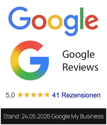 Google Reviews: 5,0 von 5 Sternen, 41 Rezensionen (Stand 24.05.2026)