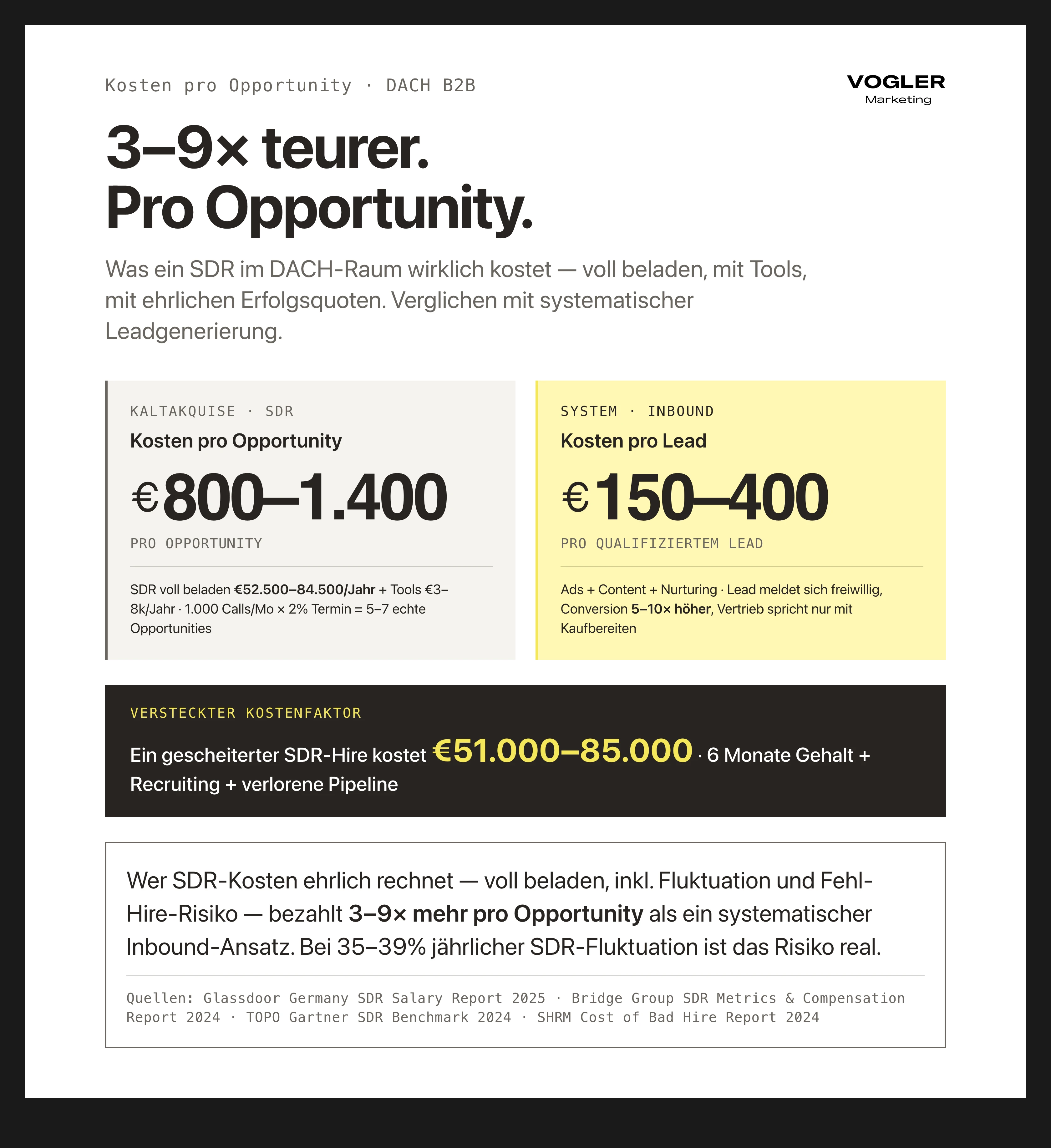 Kosten pro Opportunity DACH B2B: SDR-Kaltakquise 800 bis 1.400 Euro pro Opportunity, systematisches Inbound 150 bis 400 Euro pro qualifiziertem Lead — gescheiterter SDR-Hire kostet 51.000 bis 85.000 Euro.